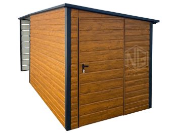 Gartenhaus - Gartenschuppen 3x2m + Überdachung 2m - Tür - Holzoptik - Flachdach GP552