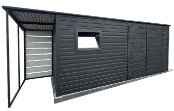 Gartenhaus - Gartenschuppen 5x2m + Überdachung 1m - Tür - PVC Kippfenster - Anthrazit - Flachdach GP550