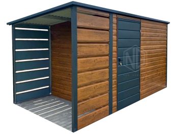 Gartenhaus - Gartenschuppen 3x2m + Überdachung 1m - Tür - PVC Kippfenster - Holzoptik - Flachdach GP549