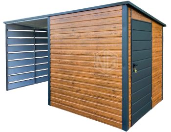 Gartenhaus - Gartenschuppen 2x2m + Überdachung 2m - Tür - Holzoptik - Flachdach GP547