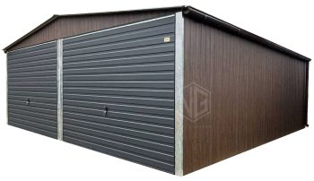 Blechgarage 6x6m - 2x Schwingtor - Dunkles Walnussholz - Holzoptik - Dachrinnen - Satteldach ID926