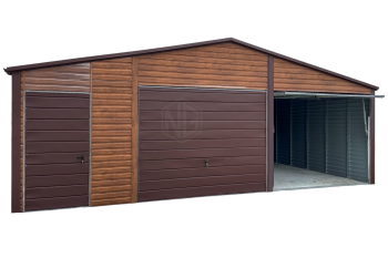 Blechgarage 7,5x6m - 2x Schwingtor - Tür - Dachrinnen - Helles Walnussholz - Holzoptik - Dunkles Braun - Satteldach ID565