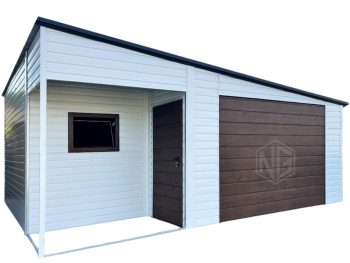 Blechgarage 6x5m - Wandnische in der Garage 2m - Schwingtor - PVC Kippfenster - Tür - Weiß - Holzoptik - Dach mit einer Neigung nach rechts  ID914