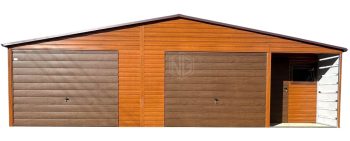 Blechgarage 10x6m + Wandnische in der Garage 2x1m - 2x Schwingtor - Tür - PVC Kippfenster - Goldene Eiche - Dunkles Walnussholz - Holzoptik - Dachrinnen - Satteldach ID699