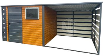 Gartenhaus - Gartenschuppen  2,5x2,5m + Überdachung - Tür - PVC Kippfenster - Holzoptik - Anthrazit - Flachdach GP526