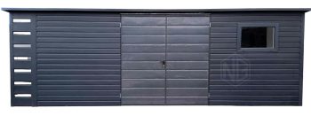 Gartenhaus - Gartenschuppen 6x2,5m + Überdachung 0,5m - Zweiflügeliges Tor - PVC Kippfenster - Anthrazit - Flachdach ID897