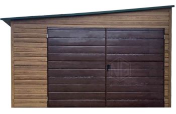 Blechgarage 4x7m Zweiflügeliges Tor - PVC Kippfenster - Holzoptik - Pultdach mit Neigung zur Seite ID898