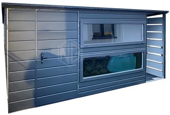 Gartenhaus - Gartenschuppen 4x2,5m + Überdachung 0,7m - Zweiflügeliges Tor - 2x PVC Kippfenster - Anthrazit - Dachrinnen - Flachdach ID877