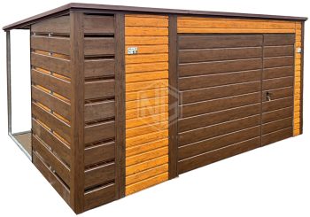 Gartenhaus - Gartenschuppen 4x3m + Überdachung 0,5m - Schwingtor - Tür - Holzoptik - Flachdach ID873