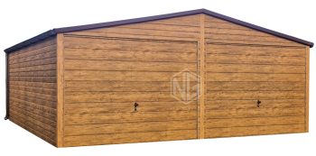 Blechgarage 6x6,5m - 2x Schwingtor - Holzoptik - Helles Walnussholz - Dachrinnen - Satteldach ID846