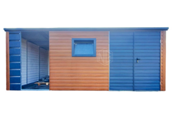 Gartenhaus - Gartenschuppen 4x2,5m + Überdachung 1,5m - Tür - PVC Kippfenster - Goldene Eiche - Holzoptik - Flachdach | ID556 |