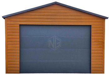 Blechgarage 5x6m - Sektionaltor - Tür - Holzoptik - Anthrazit - Dachrinnen - Satteldach ID844