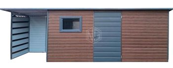 Gartenhaus - Gartenschuppen 5x2m + Überdachung 1,5m - Tür - 2x PVC Kippfenster - Holzoptik - Anthrazit - Flachdach ID814