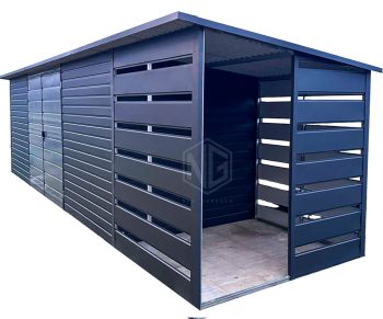 Gartenhaus - Gartenschuppen 6x2m + Überdachung 1,5m - Zweiflügeliges Tor - Anthrazit - Flachdach ID815