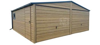 Blechgarage 6x5,8m - 2x Schwingtor - Tür - PVC Kippfenster - Holzoptik - Winchester - Dachrinnen - Satteldach GP454