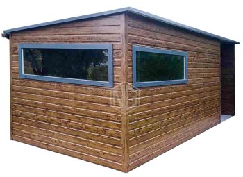 Gartenhaus - Gartenschuppen 4,5x2,5m + Überdachung 1,8m - Tür - 2x PVC Kippfenster - Holzoptik - Anthrazit - Dachrinnen - Flachdach ID813