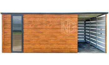 Gartenhaus - Gartenschuppen 4x3m + Überdachung 2m - Tür - PVC Kippfenster - Holzoptik - Anthrazit - Flachdach ID805