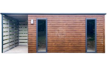 Gartenhaus - Gartenschuppen 4,5x2,5m + Überdachung 1,5m - Tür - 2x PVC Kippfenster - Holzoptik - Anthrazit - Flachdach ID802