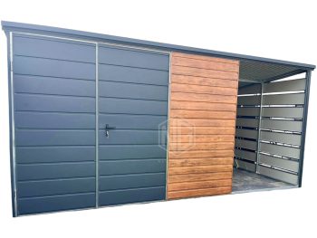 Gartenhaus - Gartenschuppen 3x3m + Überdachung 1,5m - Zweiflügeliges Tor - Holzoptik - Flachdach ID800