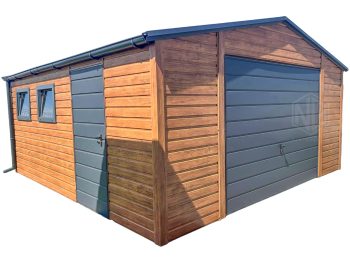 Blechgarage 5x5m - Schwingtor - Tür - 2x PVC Kippfenster - Holzoptik - Anthrazit - Dachrinnen - Satteldach ID794