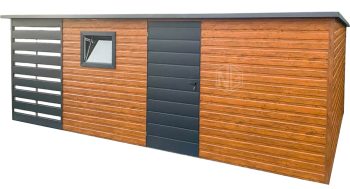 Gartenhaus - Gartenschuppen 5x3,5m + Überdachung 1,5m - Tür - PVC Kippfenster - Holzopitk - Anthrazit - Flachdach ID783