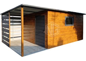 Gartenhaus - Gartenschuppen 3,5x3m + Überdachung 2m - Tür - PVC Kippfenster - Helles Walnussholz - Holzoptik - Anthrazit - Flachdach ID756