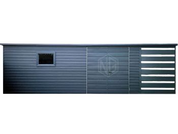 Gartenhaus - Gartenschuppen 6,5x2,5m + Überdachung 1,5m - Zweiflügeliges Tor - PVC Kippfenster - Anthrazit - Flachdach ID720