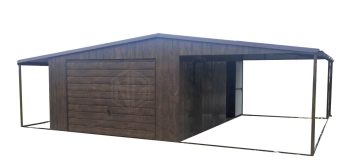 Blechgarage 4x6m +2x Überdachung Schwingtor Metalldachziegel Holzoptik Dachrinnen Satteldach GP253