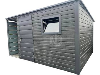 Gartenhaus - Gartenschuppen 3x2,5m + Überdachung 1m - Tür - PVC Kippfenster - Norwegische Kiefer - Anthrazit - Flachdach ID713
