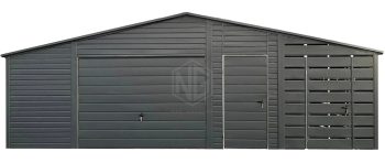 Blechgarage 6x5m + Überdachung 2m - 2x Schwingtor - 2x Tür - Dachrinnen - Anthrazit - Satteldach ID710