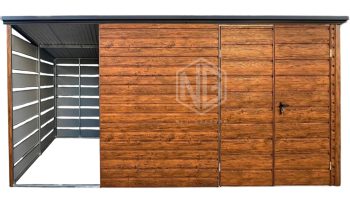 Gartenhaus - Gartenschuppen 3x2,5m + Überdachung 1,5m - Zweiflügeliges Tor - Helles Walnussholz - Holzoptik - Flachdach ID705