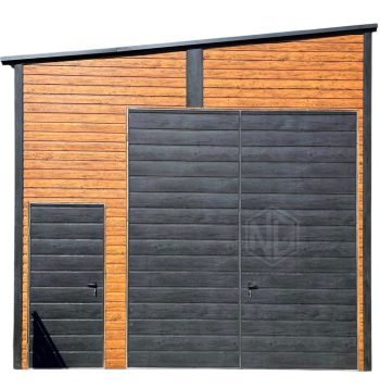 Blechgarage - Halle - 4x8m - Zweiflügeliges Tor - 2x Tür - Anthrazit - Helles Walnussholz - Holzoptik -  Dach mit seitlichem Gefälle ID706