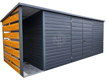 Gartenhaus - Gartenschuppen 5x2m + Überdachung 0,8m - Zweiflügeliges Tor - Anthrazit - Flachdach ID708