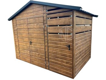 Gartenhaus - Gartenschuppen 2,5x2m + Überdachung 1m - Tür - Zweiflügeliges Tor - Helles Walnussholz - Holzoptik - Satteldach ID703