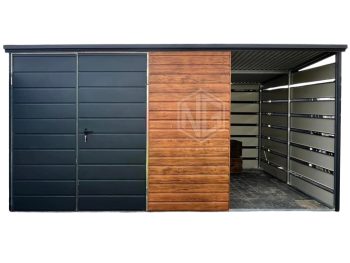 Gartenhaus - Gartenschuppen 3x3m + Zweiflügeliges Tor - Anthrazit - Helles Walnussholz - Holzoptik - Flachdach ID704