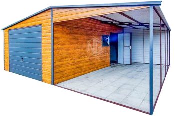 Blechgarage 4x6m + Überdachung 4x6m - Schwingtor - PVC Kippfenster - Tür - Helles Walnussholz - Holzoptik - Anthrazit - Satteldach GP431