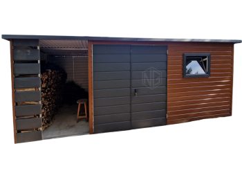 Gartenhaus - Gartenschuppen 3,5x3m + Überdachung 1,5m - Zweiflügeliges Tor - PVC Kippfenster - Dunkles Walnussholz - Holzoptik - Flachdach ID701