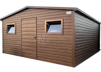 Gartenhaus - Gartenschuppen 5x4m - Tür - 2x PVC Kippfenster - Dunkles Walnussholz - Holzoptik - Dachrinnen - Satteldach ID690