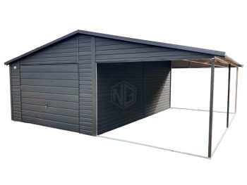 Blechgarage 4x6m + Überdachung 4x6m - Schwingtor - Anthrazit - Metalldachziegel - Satteldach  ID541
