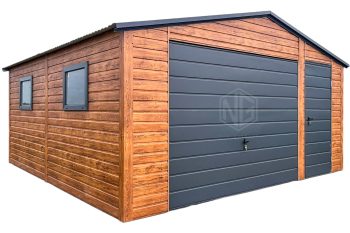 Blechgarage 5x5m - Schwingtor - Tür - 2x PVC Kippfenster - Anthrazit - Helles Walnussholz - Holzoptik - Satteldach ID679