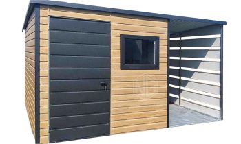 Gartenhaus - Gartenschuppen 2,5x2,5m + Überdachung 1,2m - Tür - PVC Kippfenster - Winchester - Holzoptik - Flachdach ID669