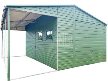 Blechgarage 4x6m + Überdachung 2m - Schwingtor - Tür - 2x PVC Kippfenster - Grün - Dachrinnen - Satteldach ID676