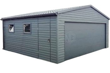 Blechgarage 6x6m - Sektionaltor - Tür - 2x PVC Kippfenster - Anthrazit - Dachrinnen - Metalldachziegel - Satteldach ID667