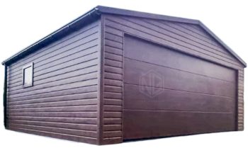 Blechgarage 6x5m - Sektionaltor - Tür - 2x PVC Kippfenster - Dachrinnen - Dunkles Walnussholz - Holzoptik - Satteldach ID663