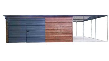 Blechgarage 6x4m + Überdachung 3m - Zweiflügeliges Tor - PVC Kippfenster - Tür - Dachrinnen - Satteldach ID661