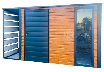 Gartenhaus - Gartenschuppen 3x3m + Überdachung 0,7m - Tür - PVC Kippfenster - Anthrazit - Flachdach | GP418 |