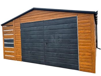 Blechgarage 4x6m + Überdachung 1m - Zweiflügeliges Tor - PVC Kippfenster - Dachrinnen - Helles Walnussholz - Norwegische Kiefer - Holzoptik - Satteldach ID711