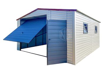 Blechgarage 5x6m - Schwingtor - Tür - 2x PVC Kippfenster - Silber - Kirsche - Anthrazit - Satteldach GP416