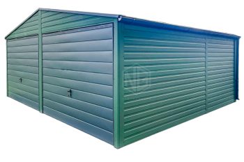 Blechgarage 6x6m - 2x Schwingtor - Grün - Anthrazit - Dachrinnen - Satteldach GP414