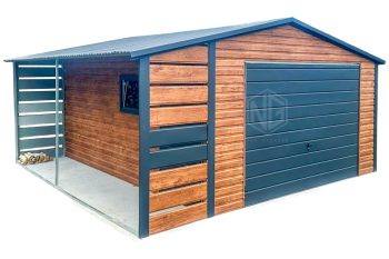 Blechgarage 4x6m + Überdachung 1m - Schwingtor - Tür - PVC Kippfenster - Helles Walnussholz - Holzoptik - Anthrazit - Satteldach ID569